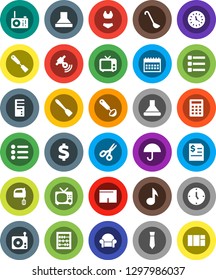 White Solid Icon Set- spatula vector, ladle, mixer, scissors, abacus, music, annual report, clock, tie, calendar, dollar sign, shorts, swimsuite, umbrella, radio, satellitie, tv, menu, calculator