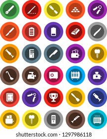 White Solid Icon Set- spatula vector, ladle, knife, toaster, blender, pen, award cup, gold ingot, safe, hand trainer, battery, scalpel, tooth implant, meat grinder, computer, heater