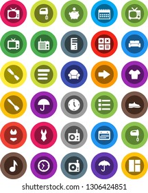 White Solid Icon Set- spatula vector, mixer, music, piggy bank, clock, calendar, snickers, swimsuite, t shirt, umbrella, radio, tv, menu, arrow, cushioned furniture, calculator, computer, window