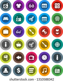 White Solid Icon Set- spatula vector, mixer, glasses, scissors, music, piggy bank, case, tie, calendar, dollar sign, swimsuite, t shirt, target, clock, radio, satellitie, menu, arrow, tv, calculator