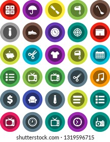 White Solid Icon Set- spatula vector, ladle, mixer, scissors, music, piggy bank, clock, tie, calendar, dollar sign, snickers, shorts, t shirt, target, umbrella, tv, menu, cushioned furniture, radio