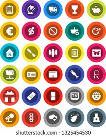 White Solid Icon Set- spatula vector, blender, chicken leg, table lamp, percent growth, piggy bank, receipt, man, euro sign, clipboard, jump rope, shorts, prohibition, traffic light, glass, tv, gift
