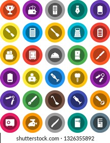 White Solid Icon Set- spatula vector, ladle, knife, grater, toaster, blender, dish, pen, award cup, safe, hand trainer, battery, scalpel, tooth implant, fridge, meat grinder, computer