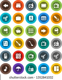 White Solid Icon Set- spatula vector, ladle, mixer, scissors, music, piggy bank, case, annual report, calendar, shorts, umbrella, radio, tv, menu, arrow, calculator, computer, window