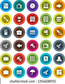 White Solid Icon Set- spatula vector, ladle, mixer, scissors, abacus, case, annual report, calendar, swimsuite, clock, umbrella, satellitie, tv, menu, arrow, calculator, hood, computer, window