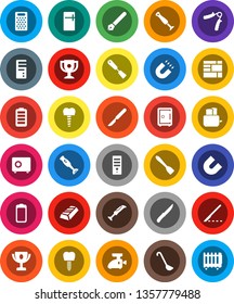 White Solid Icon Set- spatula vector, ladle, knife, grater, toaster, blender, pen, award cup, magnet, gold ingot, safe, hand trainer, consolidated cargo, battery, scalpel, tooth implant, fridge