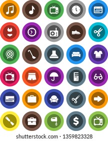 White Solid Icon Set- spatula vector, ladle, mixer, glasses, scissors, music, case, clock, dollar sign, snickers, shorts, swimsuite, t shirt, target, calendar, umbrella, radio, tv, arrow, hood