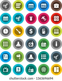 White Solid Icon Set- spatula vector, mixer, scissors, abacus, case, annual report, clock, tie, calendar, dollar sign, swimsuite, target, radio, satellitie, tv, menu, calculator, hood, computer