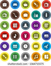 White Solid Icon Set- spatula vector, ladle, glasses, scissors, abacus, music, piggy bank, case, clock, tie, calendar, shorts, swimsuite, menu, cushioned furniture, tv, calculator, hood, radio