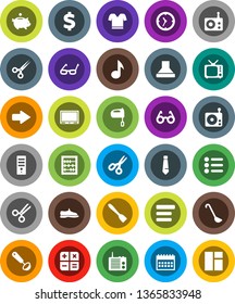 White Solid Icon Set- spatula vector, ladle, mixer, glasses, scissors, abacus, music, piggy bank, tie, calendar, dollar sign, snickers, t shirt, clock, radio, tv, menu, arrow, calculator, hood