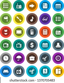 White Solid Icon Set- spatula vector, mixer, glasses, scissors, music, case, annual report, clock, calendar, dollar sign, swimsuite, umbrella, radio, tv, menu, arrow, cushioned furniture, calculator