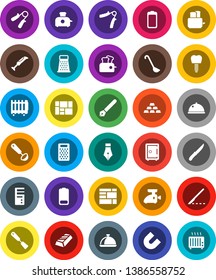 White Solid Icon Set- spatula vector, ladle, knife, grater, toaster, dish, pen, magnet, gold ingot, safe, hand trainer, consolidated cargo, battery, scalpel, tooth implant, meat grinder, blender