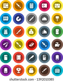 White Solid Icon Set- spatula vector, knife, grater, toaster, blender, dish, award cup, magnet, gold ingot, safe, hand trainer, consolidated cargo, battery, scalpel, tooth implant, fridge, computer