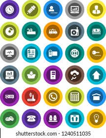White Solid Icon Set- spices vector, pencil, pie graph, laptop, manager, calculator, arrow up, scales, clock, receipt, dry cargo, radio, classic phone, pills, amkbulance car, diagnostic monitor