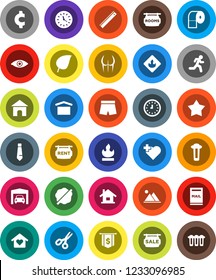 White Solid Icon Set- splotch vector, toilet paper, ruler, scissors, leaf, clock, dollar flag, tie, cent sign, buttocks, shorts, heart cross, run, dry cargo, flammable, eye, house, mailbox, mountain