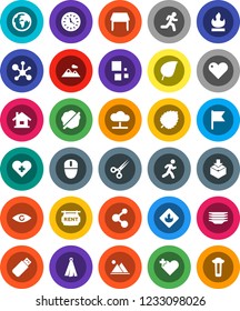 White Solid Icon Set- splotch vector, plates, towel, molecule, flag, leaf, run, earth, clock, package, flammable, heart, cross, eye, scissors, cloud network, loading, house, mountain, rent signboard
