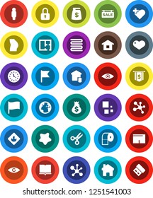 White Solid Icon Set- splotch vector, toilet paper, towel, book, scissors, molecule, flag, money bag, man, dollar, buttocks, shorts, heart cross, earth, clock, flammable, eye, home, loading, plan