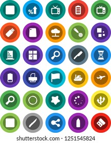 White Solid Icon Set- splotch vector, shining window, skimmer, knife, cutting board, flag, magnifier, percent growth, sand clock, water bottle, hoop, plane, ship, tv, battery, stop button, backward