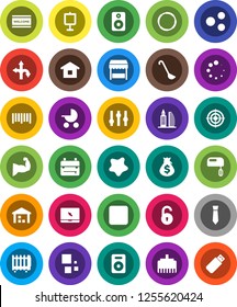 White Solid Icon Set- splotch vector, welcome mat, ladle, backpack, presentation, money bag, tie, muscule hand, target, hoop, route, warehouse, barcode, settings, notebook pc, speaker, lan connector