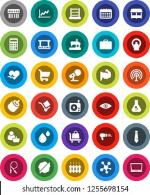 White Solid Icon Set- splotch vector, case, abacus, flask, graph, calculator, tie, jump rope, muscule hand, calendar, cargo, film frame, microphone, radio, antenna, social media, rca, heart pulse