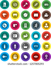 White Solid Icon Set- splotch vector, bath, drying clothes, kettle, meat hammer, cutting board, school bus, manager, punching bag, muscule hand, shorts, skateboard, water bottle, hoop, run, eye, key