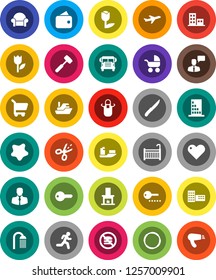 White Solid Icon Set- splotch vector, shower, apron, knife, meat hammer, school building, bus, no fastfood, hoop, run, plane, client, ship, tulip, speaking man, heart, apartments, key, crib, wallet
