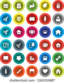 White Solid Icon Set- splotch vector, plates, toilet paper, book, ruler, scissors, leaf, man, dollar flag, tie, muscule hand, shorts, bone, dry cargo, package, heart, home, lock, house, plan, table