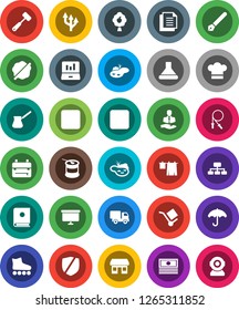 White Solid Icon Set- splotch vector, drying clothes, cook hat, meat hammer, turk coffee, pen, backpack, laptop graph, cash, presentation board, hierarchy, jump rope, roller Skates, sports nutrition