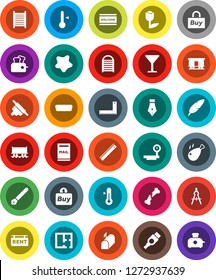 White Solid Icon Set- splotch vector, welcome mat, washboard, rolling pin, thermometer, chicken leg, pen, corner ruler, drawing compass, Railway carriage, glass, tulip, big scales, hdmi, broken bone