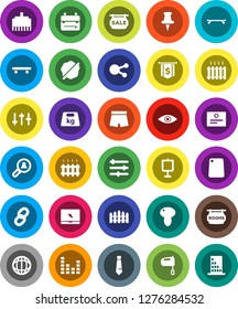White Solid Icon Set- splotch vector, cutting board, mixer, mushroom, backpack, certificate, presentation, world, dollar flag, tie, shorts, skateboard, weight, settings, equalizer, notebook pc, eye