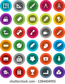 White Solid Icon Set- splotch vector, welcome mat, washboard, chicken leg, pen, pencil, corner ruler, drawing compass, Railway carriage, glass, tulip, big scales, hdmi, broken bone, cottage, plan