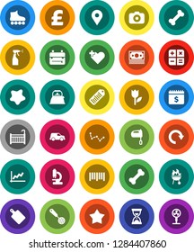White Solid Icon Set- splotch vector, sprayer, kettle, skimmer, cutting board, mixer, bbq, backpack, constellation, graph, sand clock, dollar calendar, pound, roller Skates, bone, map pin, money