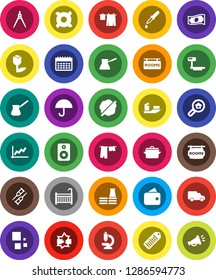 White Solid Icon Set- splotch vector, drying clothes, pan, turk coffee, drawing compass, graph, cash, any currency, calendar, ship, car, umbrella, tulip, big scales, barcode, speaker, dropper, crib