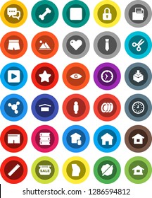 White Solid Icon Set- splotch vector, plates, book, ruler, scissors, molecule, clock, man, tie, buttocks, shorts, bone, document, dry cargo, package, dialog, heart, play button, stop, eye, home