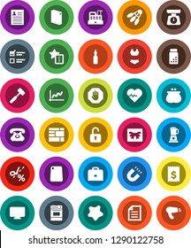 White Solid Icon Set- splotch vector, washing powder, scales, meat hammer, cutting board, oven, oil, case, magnet, document, personal information, exam, graph, receipt, heart pulse, pills vial, stop