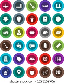 White Solid Icon Set- splotch vector, garbage pile, pan, apron, skimmer, ladle, cutting board, hand mill, grater, steak, pencil, corner ruler, flask, target, binder, diet, pills vial, fitball, car