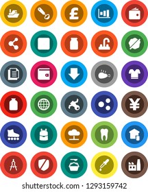 White Solid Icon Set- splotch vector, washing powder, water tap, ladle, jar, chicken leg, drawing compass, backpack, graph, wallet, arrow down, pound, yen sign, t shirt, roller Skates, molecule
