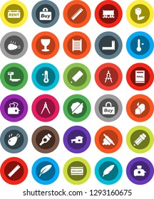 White Solid Icon Set- splotch vector, welcome mat, washboard, rolling pin, thermometer, chicken leg, pen, pencil, corner ruler, drawing compass, Railway carriage, glass, tulip, big scales, hdmi, buy
