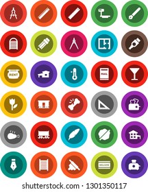 White Solid Icon Set- splotch vector, welcome mat, washboard, rolling pin, thermometer, chicken leg, pen, pencil, corner ruler, drawing compass, Railway carriage, glass, tulip, big scales, hdmi