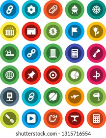 White Solid Icon Set- splotch vector, skimmer, mixer, bbq, calculator, flag, pie graph, target, dollar medal, shorts, route, plane, tulip, link, thumbtack, play button, broken bone, gear, chain