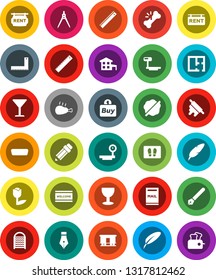White Solid Icon Set- splotch vector, welcome mat, washboard, rolling pin, chicken leg, pen, pencil, corner ruler, drawing compass, glass, tulip, big scales, Railway carriage, hdmi, broken bone, buy
