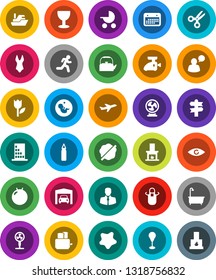 White Solid Icon Set- splotch vector, bath, kettle, apron, toaster, scissors, punching bag, fitball, swimsuite, run, signpost, plane, client, ship, calendar, glass, tulip, speaking man, eye, garage