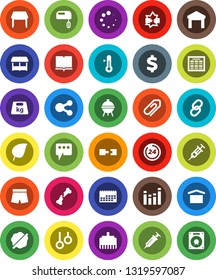 White Solid Icon Set- splotch vector, thermometer, bbq, book, schedule, leaf, dollar sign, shorts, gymnast rings, calendar, dry cargo, warehouse, weight, equalizer, link, syringe, broken bone, share