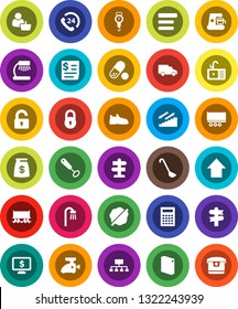 White Solid Icon Set- splotch vector, washing powder, sink, scales, whisk, ladle, table lamp, calculator, arrow up, hierarchy, monitor dollar, snickers, pills, stairways run, signpost, phone 24, car