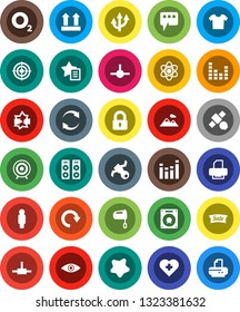 White Solid Icon Set- splotch vector, mixer, atom, man, target, heart cross, oxygen, satellite, top sign, equalizer, eye, connect, disconnection, favorites, message, refresh, redo, route arrow, lock