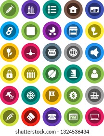 White Solid Icon Set- splotch vector, schedule, world, dollar medal, flag, target, pool, calendar, tulip, satellitie, speaker, classic phone, backward button, syringe, connect, chain, sold signboard