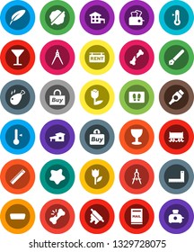 White Solid Icon Set- splotch vector, welcome mat, rolling pin, thermometer, chicken leg, pen, corner ruler, drawing compass, Railway carriage, glass, tulip, hdmi, broken bone, cottage, mailbox, buy