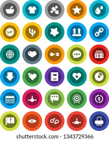 White Solid Icon Set- splotch vector, copybook, exchange, pie graph, arrow down, calendar, stadium, target, attention, satellite, top sign, link, favorites, heart, cross, eye, gender, mortar, route