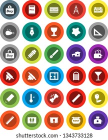 White Solid Icon Set- splotch vector, welcome mat, washboard, rolling pin, thermometer, chicken leg, pen, pencil, corner ruler, drawing compass, glass, tulip, Railway carriage, broken bone, cottage