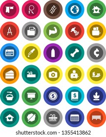 White Solid Icon Set- splotch vector, drying clothes, washing powder, toaster, cake, drawing compass, dollar coin, annual report, presentation board, cent sign, jump rope, muscule hand, water bottle